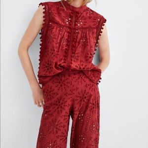 Zara embroidered top with pompoms